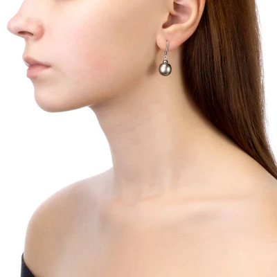 Серьги из серебра c черными морскими Таитянскими жемчужинами 10-11 мм