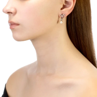 Серьги "Бантики" из серебра с розовыми речными жемчужинами 7,5-8 мм