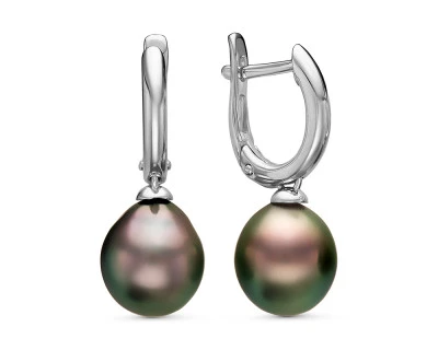Серьги из серебра c черными морскими Таитянскими жемчужинами 9,6-9,9 мм