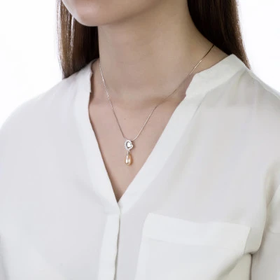 Кулон "Сердце" из серебра с розовой речной жемчужиной 7,5-8 мм