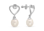 Серьги "Сердечки" из серебра c белыми речными жемчужинами 7,5-8 мм