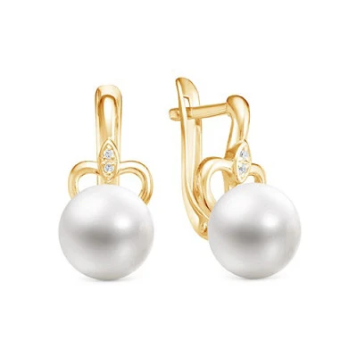 Серьги из желтого золота с белыми речными жемчужинами 8,5-9 мм