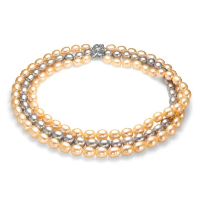 Ожерелье 3-рядное "микс" из рисообразного речного жемчуга. Жемчужины 10-11 мм