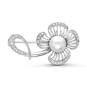 Брошь "Цветок" из серебра с белой речной жемчужиной 7,5-8 мм