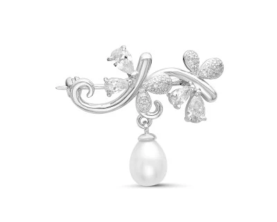 Брошь из серебра с белой речной жемчужиной 7,5-8 мм