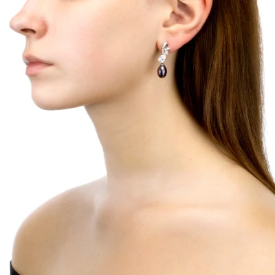 Серьги из серебра с черными речными жемчужинами 7,5-8 мм