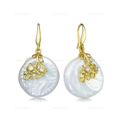 Серьги из серебра с белыми речными жемчужинами "Барокко" 13,5-14 мм