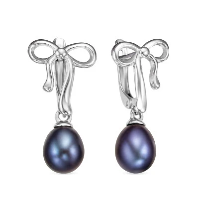 Серьги "Бантики" из серебра с черными речными жемчужинами 7,5-8 мм