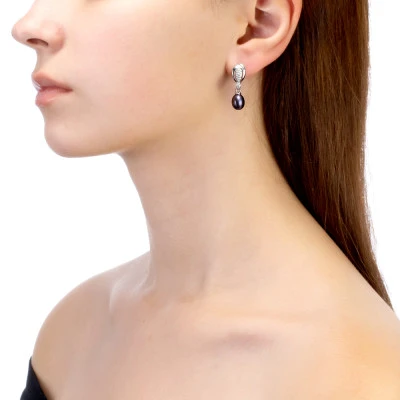 Серьги из серебра с черными речными жемчужинами 7,5-8 мм