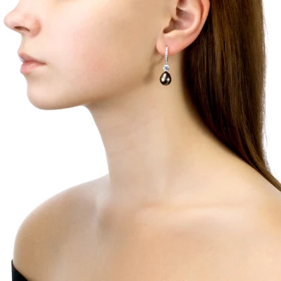 Серьги из серебра c черными морскими Таитянскими жемчужинами 10-10,5 мм