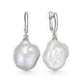 Серьги из серебра с белыми речными жемчужинами "Барокко" 17-20 мм