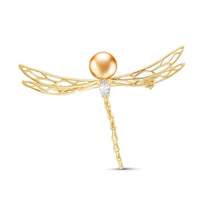 Брошь "Стрекоза" из серебра с золотистой морской жемчужиной Акойя 7,5-8 мм