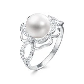 Кольцо "Роза" из серебра с белой речной жемчужиной 8,5-9 мм