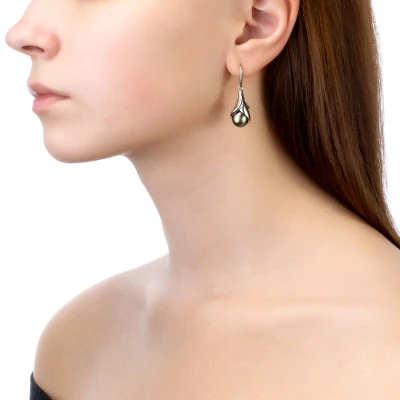 Серьги из серебра c черными морскими Таитянскими жемчужинами 9-10 мм