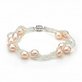 Браслет в 3 ряда из розового рисообразного речного жемчуга с бисером. Жемчужины 7,5-8 мм