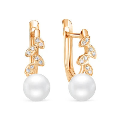 Серьги из красного золота с белыми речными жемчужинами 7,5-8 мм