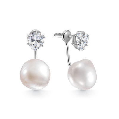 Пусеты "Диор" из серебра с белыми речными жемчужинами "Барокко" 10-11 мм