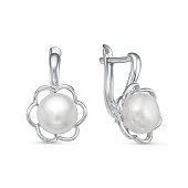 Серьги "Цветок" из серебра c белыми речными жемчужинами 7,5-8 мм