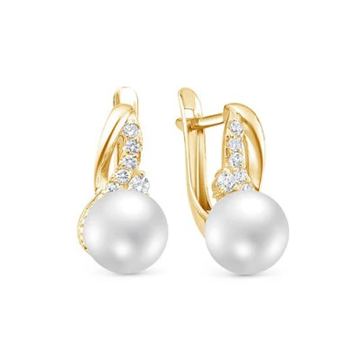 Серьги из желтого золота с белыми речными жемчужинами 8,5-9 мм