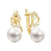 Серьги из желтого золота с белыми речными жемчужинами 8,5-9 мм