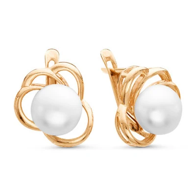 Серьги из красного золота с белыми речными жемчужинами 7-7,5 мм