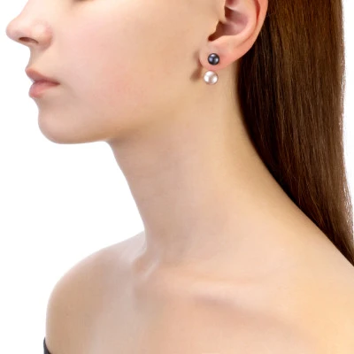 Пусеты "Диор" из серебра с черными и розовыми жемчужинами 7,5-10 мм