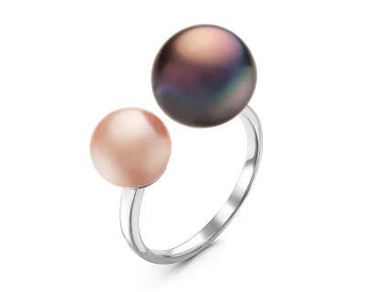 Кольцо "Диор" из серебра с розовой и черной речными жемчужинами 7-10 мм