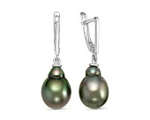 Серьги из серебра c черными морскими Таитянскими жемчужинами 10-11 мм