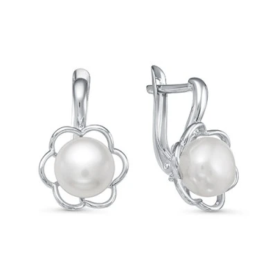 Серьги "Цветок" из серебра c белыми речными жемчужинами 7,5-8 мм