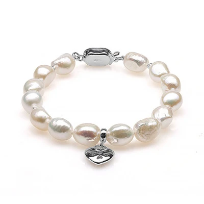 Браслет из белого барочного речного жемчуга класса АА+ с подвеской. Жемчужины 9-10 мм