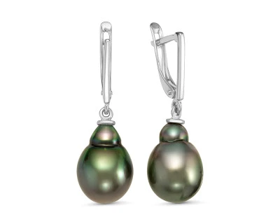 Серьги из серебра c черными морскими Таитянскими жемчужинами 10-11 мм