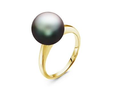 Кольцо из желтого золота с черной морской Таитянской жемчужиной 11-11,5 мм