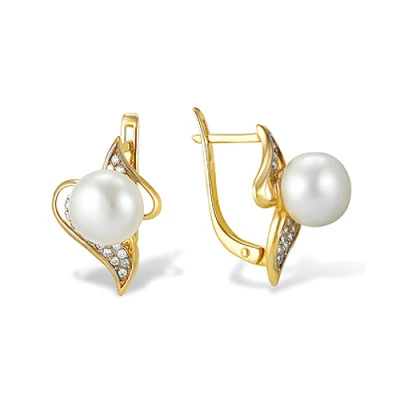 Серьги из желтого золота с белыми речными жемчужинами 7-7,5 мм