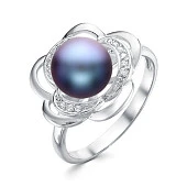 Кольцо "Роза" из серебра с черной речной жемчужиной 8,5-9 мм