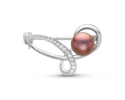 Брошь из серебра с черной речной жемчужиной 7,5-8 мм