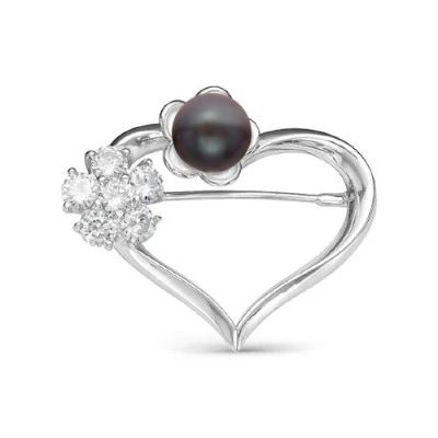 Брошь "Сердце" из серебра с черной речной жемчужиной 8,5-9 мм