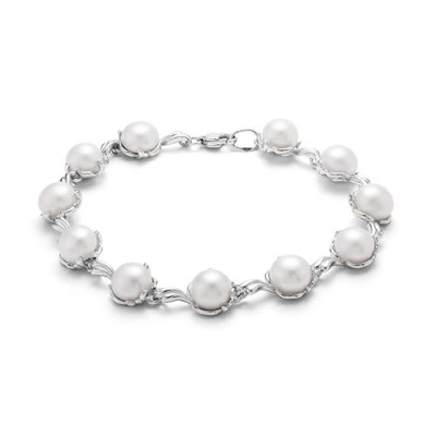 Браслет из серебра с белыми речными жемчужинами. Жемчужины 8-8,5 мм