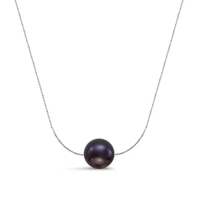 Цепочка из серебра 925 пробы с черной круглой речной жемчужиной 9-9,5 мм