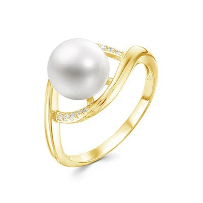Кольцо из желтого золота с белой речной жемчужиной 9,5-10 мм
