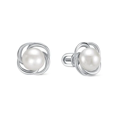 Серьги-гвоздики из серебра c белыми речными жемчужинами 8,5-9 мм