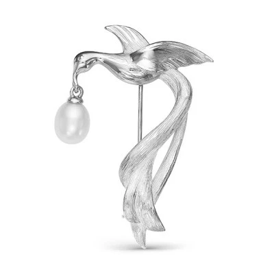 Брошь "Птица" из серебра с белой речной жемчужиной 7,5-8 мм