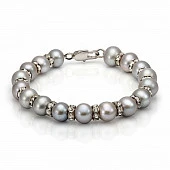 Браслет из серебристого речного круглого жемчуга со стразами. Жемчужины 8,5-9,5 мм