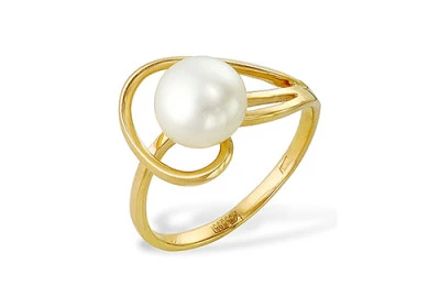 Кольцо из желтого золота с белой речной жемчужиной 7,5-8 мм