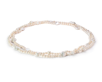 Длинные бусы из белого речного жемчуга класса АА+. Жемчужины 7-18 мм