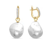 Серьги из желтого золота с белыми японскими жемчужинами "Барокко" 16-20 мм