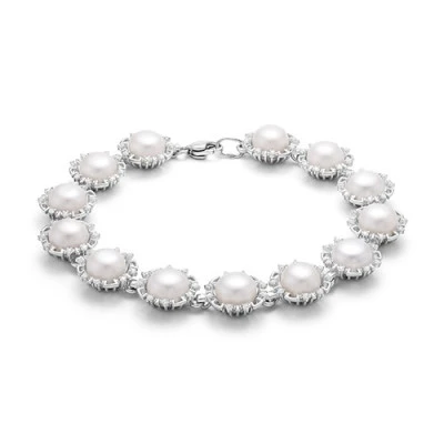 Браслет из серебра с белыми речными жемчужинами. Жемчужины 8-8,5 мм