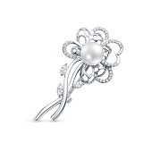 Брошь "Цветок" из серебра с белой речной жемчужиной 8,5-9 мм 