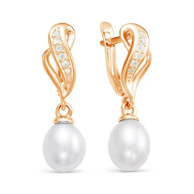 Серьги из красного золота с белыми речными жемчужинами 9-10 мм