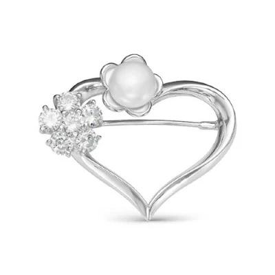 Брошь "Сердце" из серебра с белой речной жемчужиной 8,5-9 мм