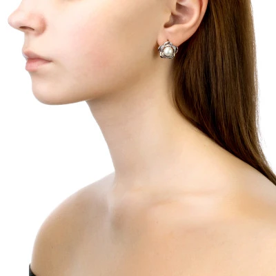 Серьги "Роза" из серебра c белыми речными жемчужинами 8 мм